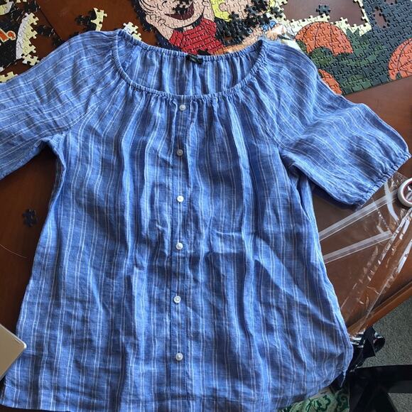 Talbots blue white striped linen peasant top loose fit preppy size XS nautical - Picture 4 of 4